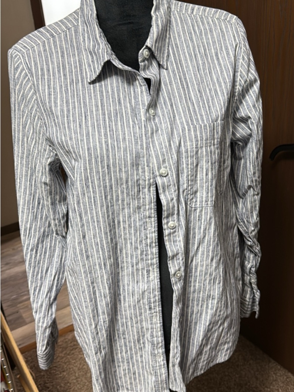 Women’s Gray and White Stripe Button-Up Shirt